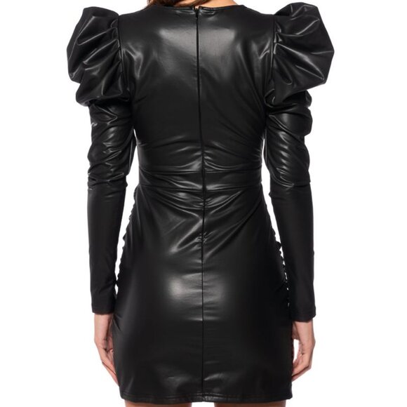 Callie Lives Xena Black: Puff Shoulder Faux Wrap Leather Ruched Mini Dress M - Picture 4 of 7
